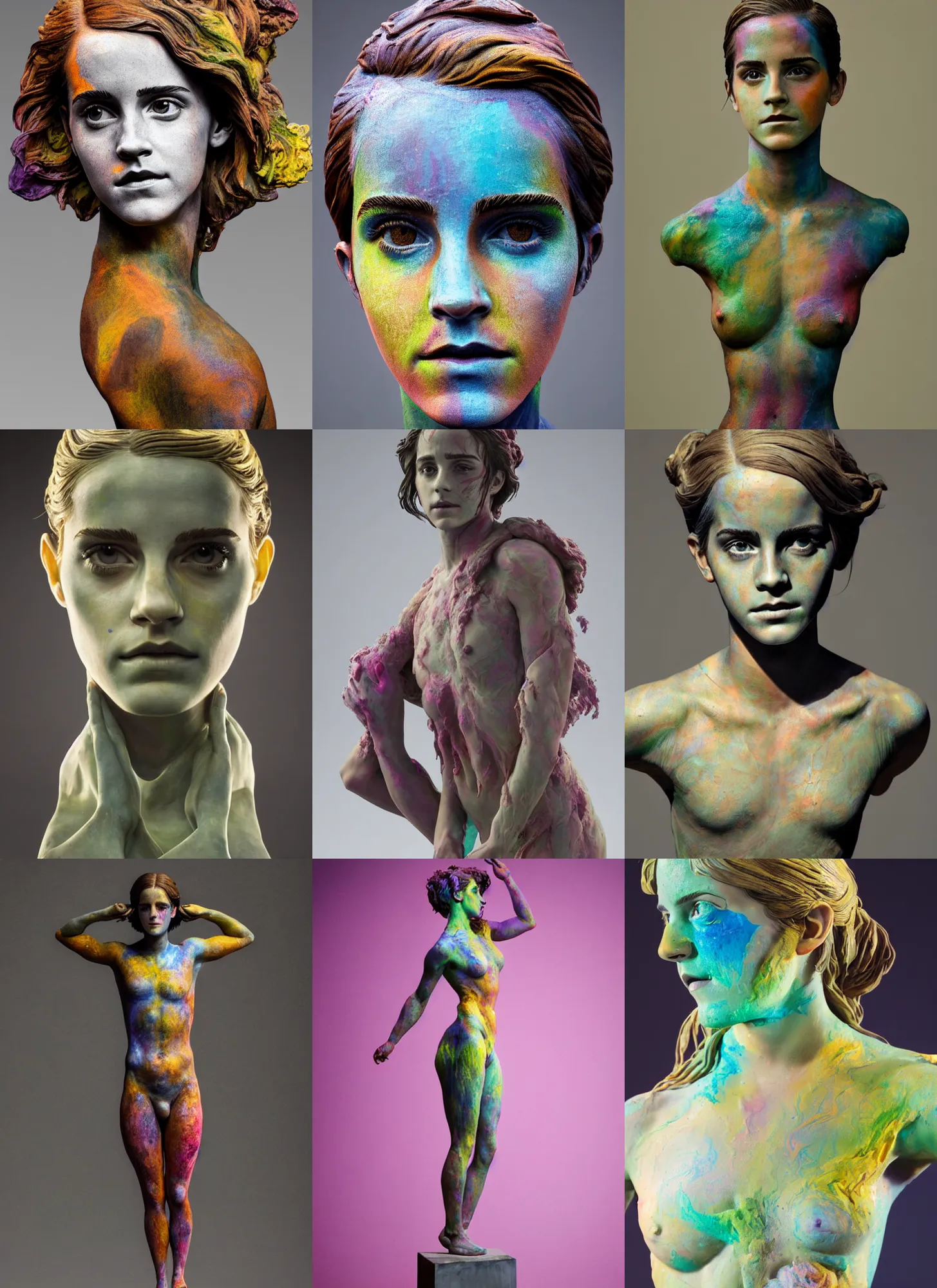 Prompt: sculpture of Emma Watson by Jean-Baptiste Carpeaux and Luo Li Rong and Michael James Talbot, all body, standing athletic pose, perfect symmetrical face, psychedelic colors, bodypaint, acrylic paint splashes, in full growth, elegant, realistic, 8K, female full-skin figure, hyperrealism, subsurface scattering, raytracing, rim light, Octane Render, Redshift, Zbrush