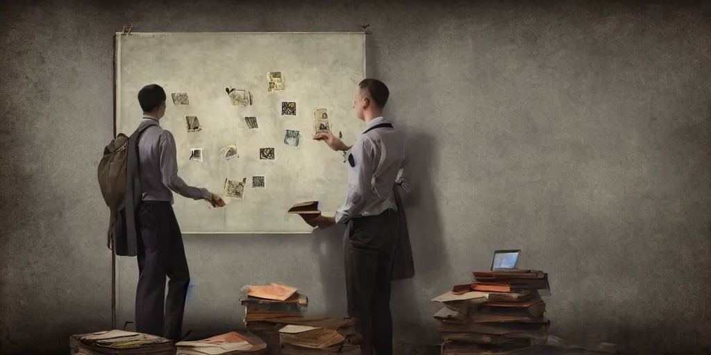 Image similar to back shot of male accountant examining the mysteries of tarot cards on a magical blackboard, fantasy art, matte painting, high quality