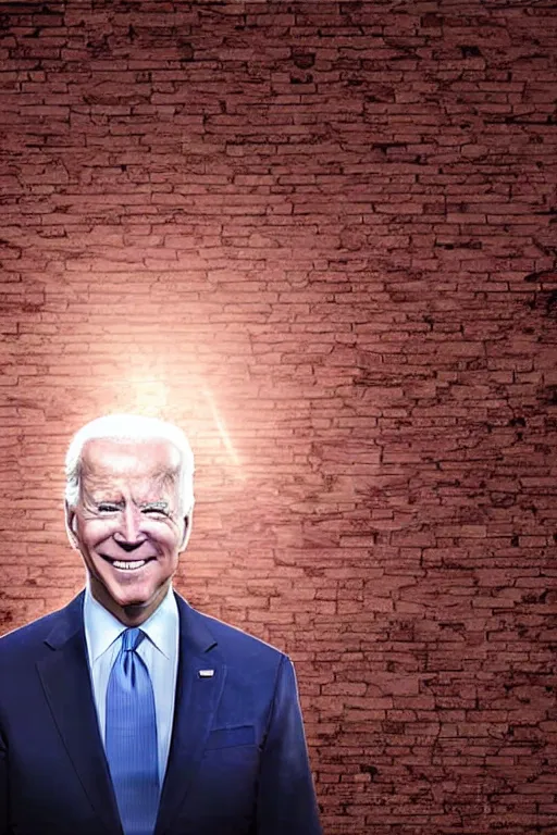 Image similar to biden with glowing red eyes breaking through a brick wall digital art illustration highly detailed lighting from below