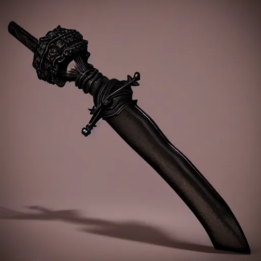 Image similar to a black sword skull handle, ornament, weapon, a 3 d render by dom qwek, studio lighting, front side view, trending on polycount, hard surface modeling, rendered in maya, 3 ds max, blender, artstation hd, vray