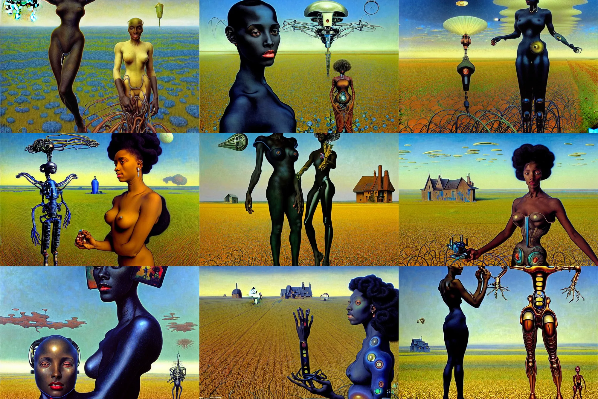 Prompt: realistic extremely detailed portrait painting of a beautiful black woman with a robot, futuristic farmland with a single old house on background by Jean Delville, Amano, Yves Tanguy, Mark Brooks, Alphonse Mucha, Ernst Haeckel, Edward Robert Hughes, Roger Dean, rich moody colours, blue eyes