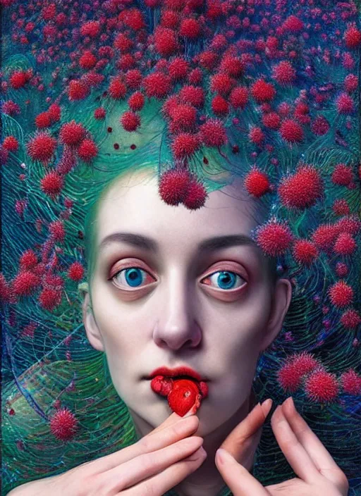 Prompt: hyper detailed 3d render like a Oil painting - Aurora (Singer) Eats of the Strangling Fruit of penance open eyes and Her Hands full of gossamer polyp blossoms bring iridescent fungal flowers whose spores black the foolish stars by Jacek Yerka, Mariusz Lewandowski, Houdini algorithmic generative render, Abstract brush strokes, Masterpiece, Edward Hopper and James Gilleard, Zdzislaw Beksinski, Mark Ryden, Wolfgang Lettl, hints of Yayoi Kasuma, octane render, 8k