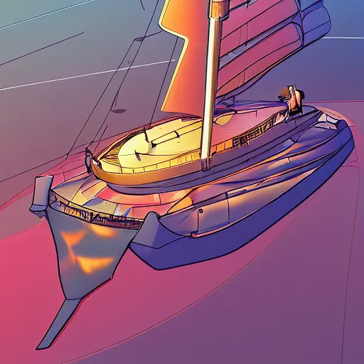 Image similar to futuristic sailboat mid-journey with solar sails and a robot! captain! and crew in a Marvel!!!!!!!! comic! style , digital art, 8k, birds eye view