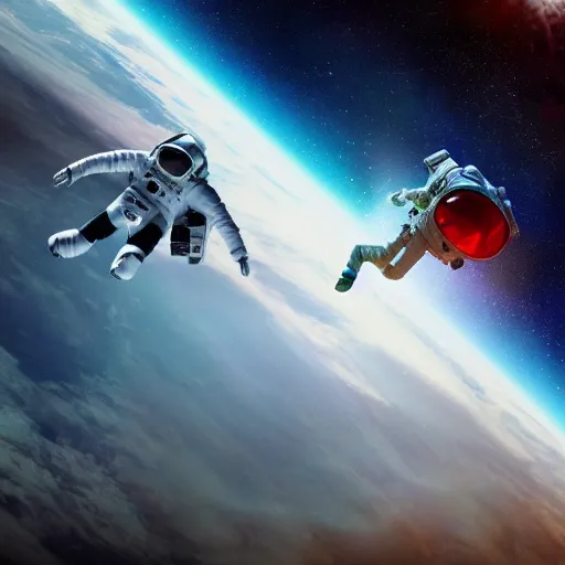 Image similar to astronaut is being chased by an alien in space, earth, 4k photography, space