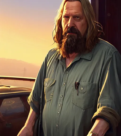 Image similar to highly detailed portrait of the dude from the big lebowski in gta v, stephen bliss, unreal engine, fantasy art by greg rutkowski, loish, rhads, ferdinand knab, makoto shinkai and lois van baarle, ilya kuvshinov, rossdraws, tom bagshaw, global illumination, radiant light, detailed and intricate environment