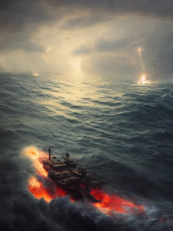 Image similar to photo of 8k ultra realistic burning battleship at sea, heavy storm, rain, large waves, full of colour, cinematic lighting, battered, trending on artstation, 4k, hyperrealistic, focused, extreme details,unreal engine 5, cinematic, masterpiece, art by Peter Mohrbacher