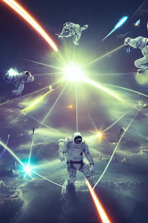 Image similar to wide view of a dozen futuristic spacemen firing lasers, zero gravity, floating, in space, bright, hiding behind obstacles, surrounded by a laser grid, stars visible, unreal engine, lensflares, low perspective, polygon, vector, heavy filmgrain