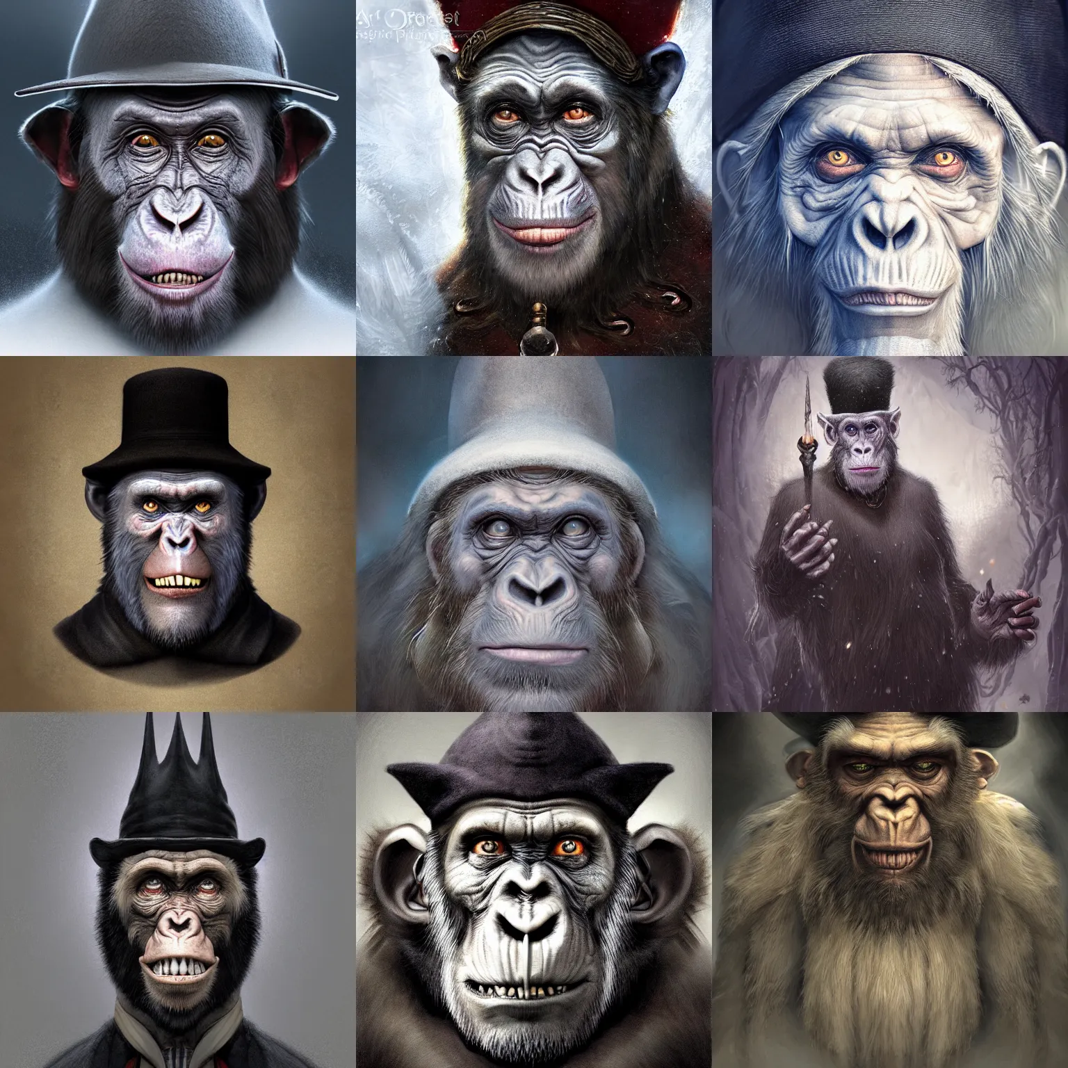 Prompt: a wlop 3 d render of very very very very highly detailed beautiful mystic portrait of a horror phantom'ape priest'with stylish impressive hat and frosty background by anton pieck, intricate, extremely detailed, digital painting, artstation, concept art, smooth, sharp focus, illustration, intimidating lighting, incredible art,