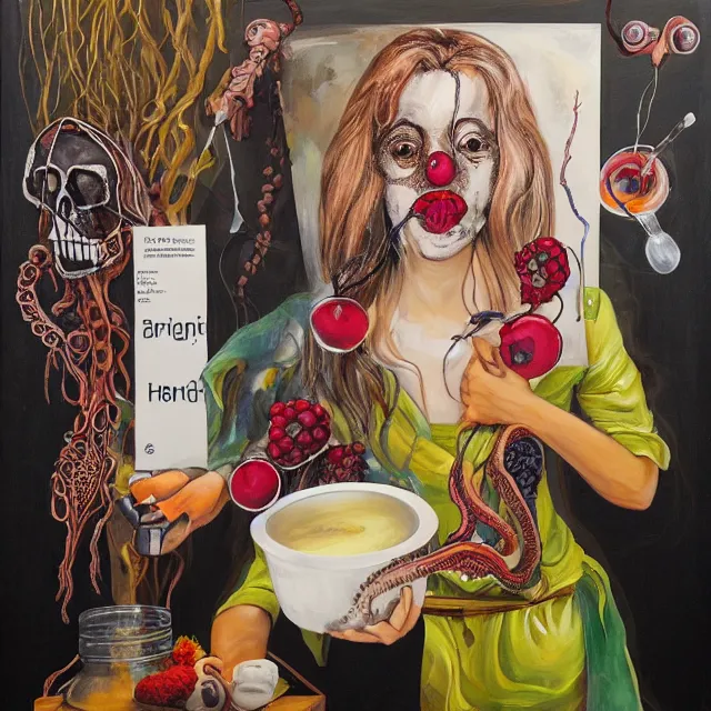 Prompt: a portrait of a female art student holding a brain, iv drip, honey, organic, femme, high voltage warning sign, an artist's studio, pancakes, berries, octopus, surgical supplies, skull, scientific glassware, art materials, candle dripping wax, berry juice drips, neo - expressionism, surrealism, acrylic and spray paint and oilstick on canvas