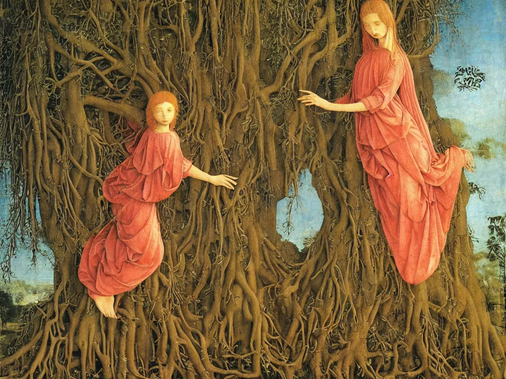 Prompt: Terrifying biblically accurate angel with her hair caught in the branches of the Banyan tree. Coral-like pebbles, autumn light. Painting by Jan van Eyck, Fra Filippo Lippi, Rene Magritte, Jean Delville, Max Ernst, Beksinski