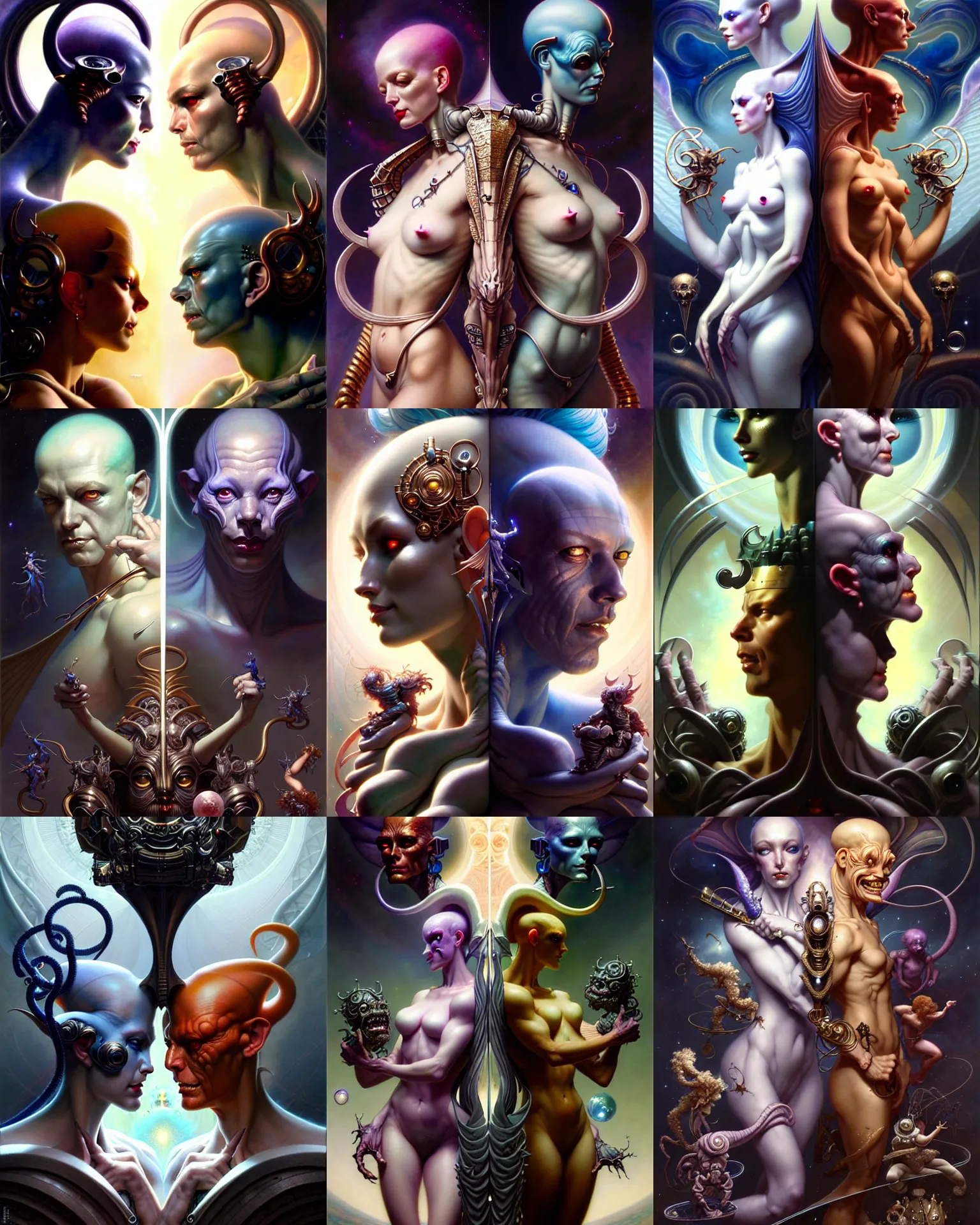 Image similar to beautiful gemini good and evil, happy and sad faces, fantasy character portrait, ultra realistic, wide angle, intricate details, the fifth element artifacts, highly detailed by peter mohrbacher, boris vallejo, hajime sorayama, wayne barlowe, aaron horkey, gaston bussiere, craig mullins