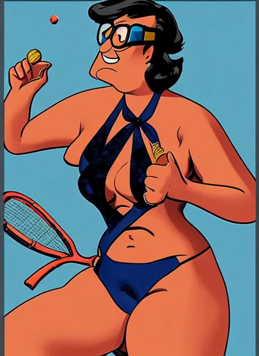 Image similar to a pin - up poster of peter griffin in the style of hajime sorayama, seductively playing tennis in a swimsuit