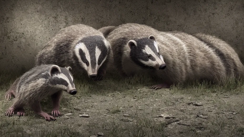 Prompt: Release the psychopathic badgers armed with machine guns, rule of thirds, rendered in octane, rendered in Corona, rendered in vray, rendered in Arnold, insanely detailed, photorealistic, cinematic, global illumination, no grain