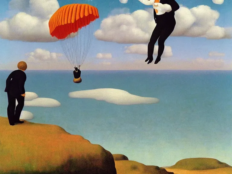 Image similar to Man parachuting onto a small island in the middle of a big lake painting by rene magritte, high detail, high resolution