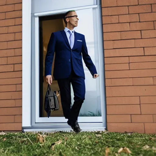 Prompt: a man in a suit wearing a tv while walking, front door camera