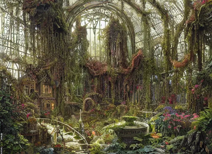 Prompt: an elaborate lovecraftian garden with exotic flowers, shrubberies and a beautiful greenhouse intricate, elegant, highly detailed, matte, sharp focus, illustration, art by ferdinand knab, greg rutkowski andh. p. lovecraft