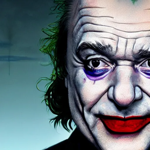 Image similar to bill murray as the joker, highly detailed vfx portrait, unreal engine, greg rutkowski, loish, rhads, caspar david friedrich, makoto shinkai and lois van baarle, ilya kuvshinov, rossdraws, elegent, tom bagshaw, alphonse mucha, global illumination, detailed and intricate environment.