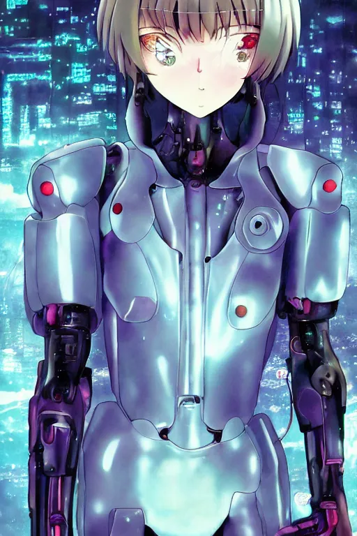 Prompt: beautiful coherent award-winning manga OVA DVD cover art of a mysterious lonely cyborg anime woman wearing a plugsuit, serial experiments lain, neon genesis evangelion, anime, animated, painted by tsutomu nihei