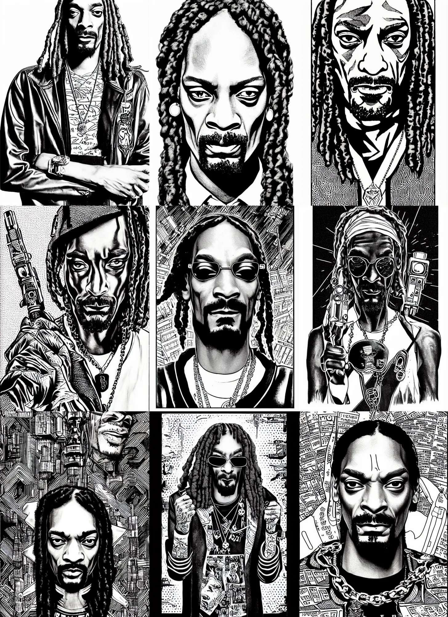 Prompt: snoop dogg portrait, cyberpunk 2 0 2 0 manual, by steampoweredmikej, inktober, ink drawing, black and white, coloring pages, manga, highly detailed