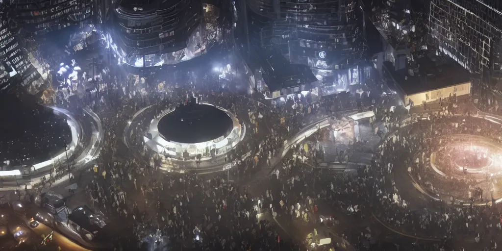 Image similar to policemen protecting a huge spiral - shaped bright white luminous attractor right in the center of the city from protesting people,, rain and light fog, professional lighting, concept art in 3 d, high detail, professional lighting, unreal engine