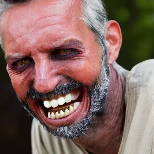 Prompt: scary-looking man with diseased, rotten, decaying, brown teeth has a cartoonish smile, a gleeful grin