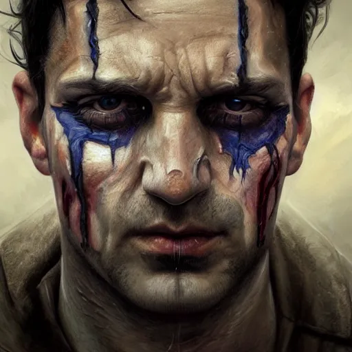 Image similar to sad portrait of frank castle the punisher, bruised, face paint, intricate, elegant, highly detailed, centered, grungy, digital painting, artstation, concept art, smooth, sharp focus, illustration, artgerm, tomasz alen kopera, artstation, boris vallejo