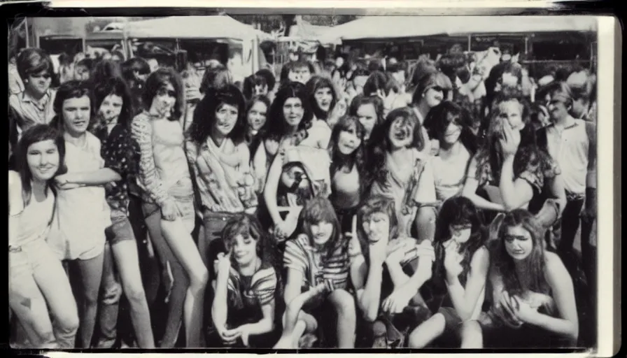 Image similar to Burnt black and white polaroid of 70s teenagers at a carnival.