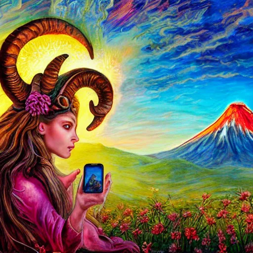 Image similar to painting by senior concept artist josephine wall, horned ram goddess checking her cell phone, erupting volcano and sunset in distance in background, flowers in foreground, trending on artstation, zodiac, fantasy, acrylic on canvas, intricately detailed, highly detailed, high resolution, 8 k,