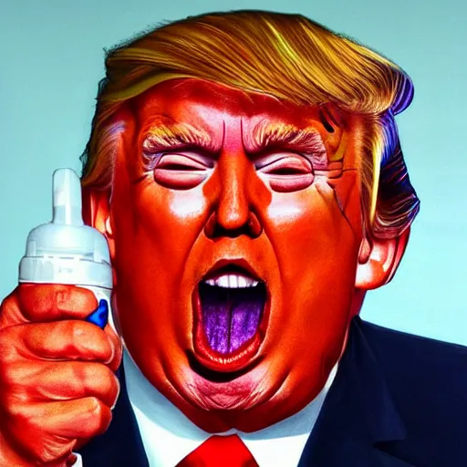 Image similar to Hyperrealistic portrait of sweaty Donald Trump with mouth wide open and spittle spraying, very detailed, 8k, portrait, oil painting