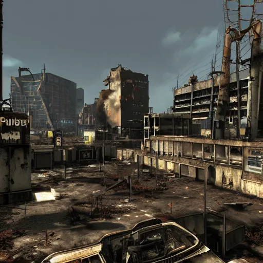Image similar to Rotterdam in ruins post-nuclear war in Fallout 4, in game screenshot
