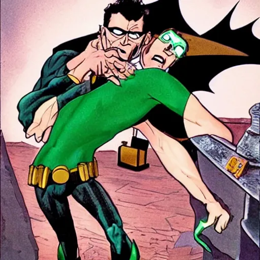 Image similar to the Riddler kissing manly Batman, tabloid, amazing, realistic, trending