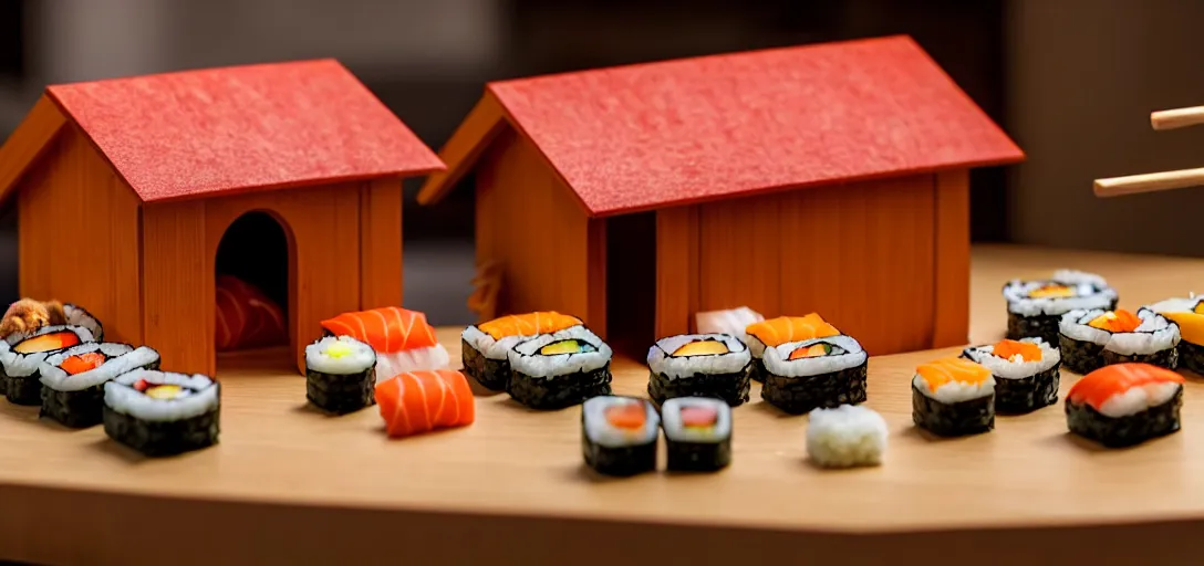 Image similar to a very high resolution image from a new movie. a dog house made of sushi. close up. 2 0 0 mm, dof, photorealistic, photography, directed by wes anderson