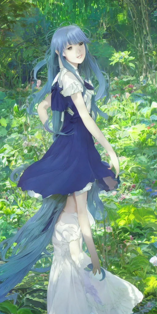 Image similar to a digital art of a loli with long hair in a dress in the privet garden at after noon, green and blue and warm theme, back lighting, highly detailed, 4 k resolution, trending on art station, elegant, by krenz cushart and mucha and akihito yoshida and greg rutkowski and makoto shinkai