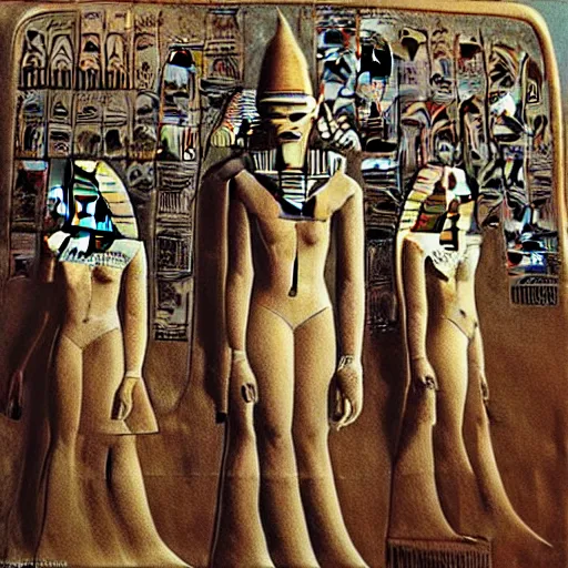 Image similar to the annunaki have returned to egypt wearing space suits that look like egyptian pharoah head - dresses and breathing hoses that look like elephant trunks - alien - looking, futuristic, detailed, photo - realism