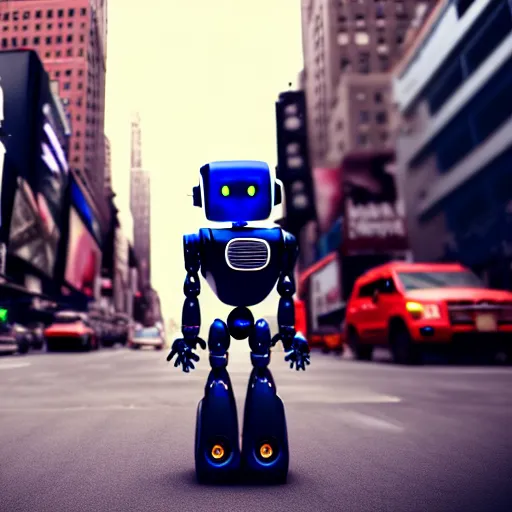 Prompt: a cute little robot in new york city. super realistic 8 k render of a dark hooded powerful elegant, cinematic composition