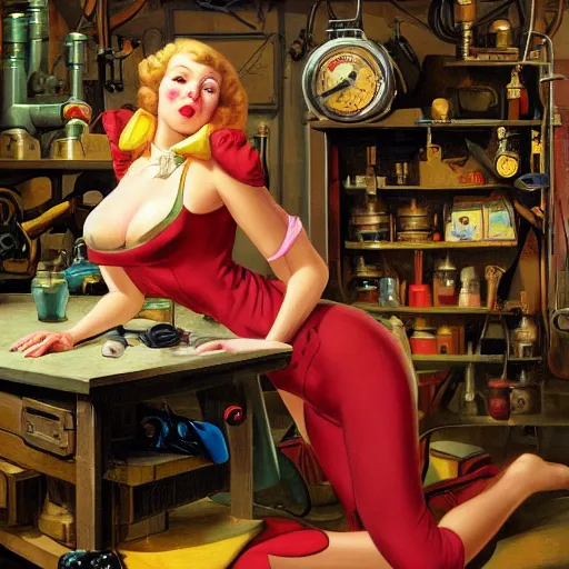 Image similar to gadget hackwrench in her workshop by gil elvgren