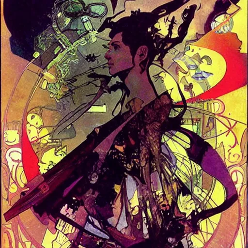 Image similar to cyberpunk dreaming by dave mckean and alphonse mucha and bill sienkiewicz