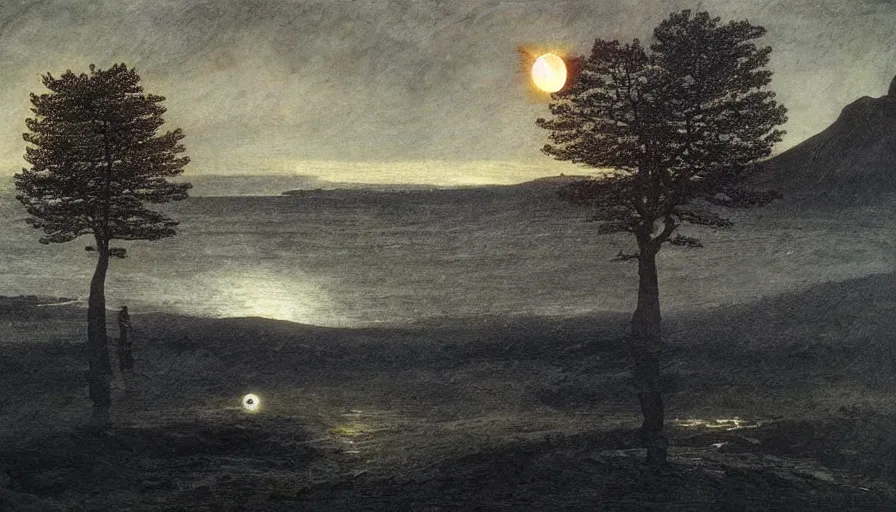 Prompt: solar eclipse in iceland, black sand, water, one tree, caspar david friedrich, dramatic, art station