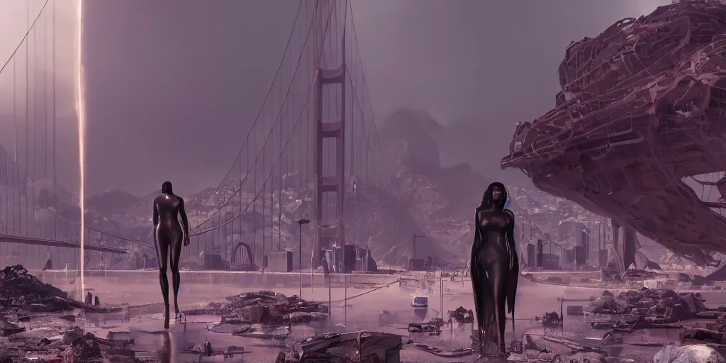 Prompt: cinematic view of kim kardashian statue in the middle of san francisco, dystopia, dead animals falling from the sky, by cedric peyravernay, by kilian eng, high detail, digital painting, industrial art style, death stranding art style, cinematic lighting, artstation, cgsociety, unreal engine 5 render, octane render, 3 5 mm film grain