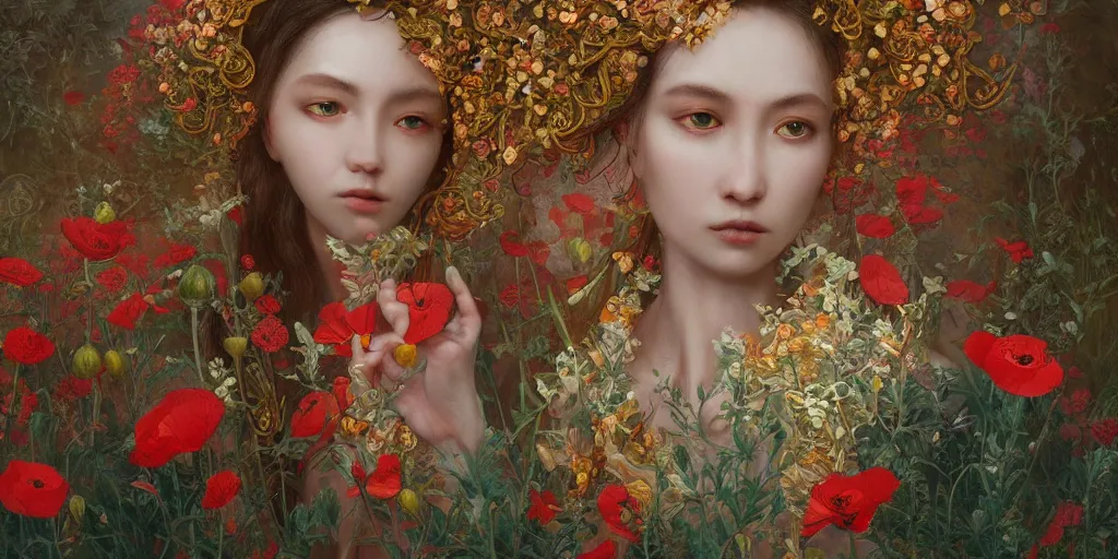 Image similar to breathtaking detailed concept art painting of the goddess of poppy flowers, orthodox saint, with anxious, piercing eyes, ornate background, amalgamation of leaves and flowers, by hsiao - ron cheng, extremely moody lighting, 8 k