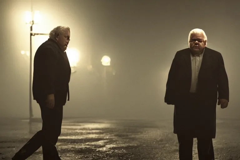 Image similar to a still of edgar savisaar, starring as a drunk man, dystopian, cinematic lighting, nighttime, rain