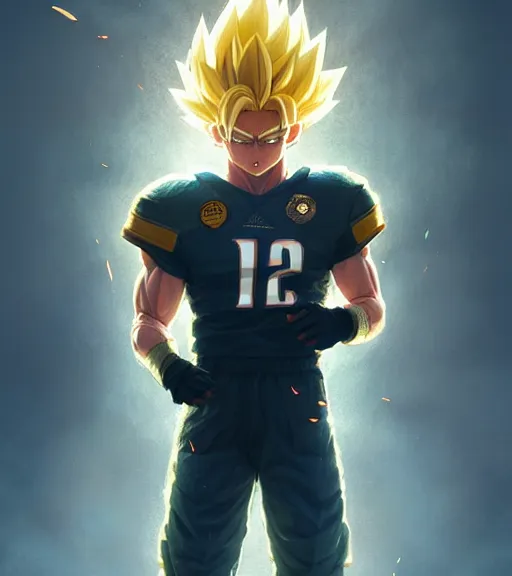 Image similar to highly detailed portrait of super saiyan cooper kupp football, unreal engine, fantasy art by greg rutkowski, loish, rhads, ferdinand knab, makoto shinkai and lois van baarle, ilya kuvshinov, rossdraws, tom bagshaw, global illumination, radiant light, detailed and intricate environment