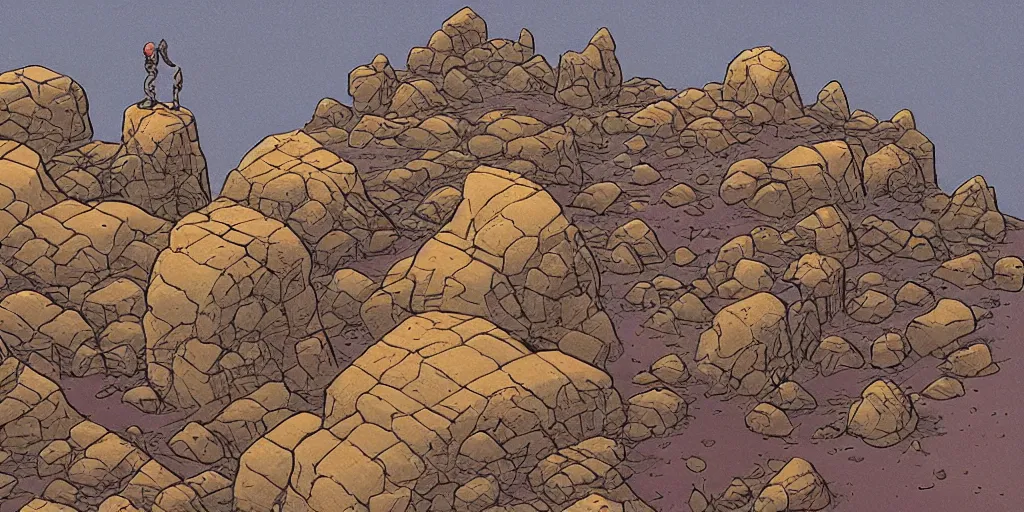 Prompt: a mile above a rocky landscape. isometric perspective. science fiction art. alien world. moebius