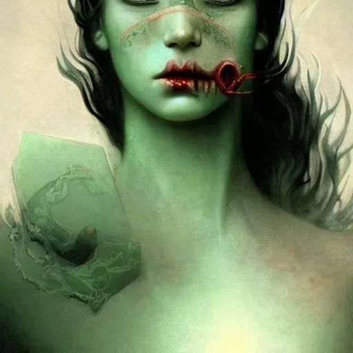 Image similar to An Evil Starbucks Siren, fullbody, intricate, demonic, video game art, highly detailed, artstation, green field with village ruins, concept art, smooth, sharp focus, illustration, art by greg rutkowski and orientalism and bouguereau and Zdzislaw Beksinski, good clear quality, lighting, biology, symmetrical artwork, perfect face, 135 mm, cinematic, hyper realism, high detail, octane render, 8k, chrome accents