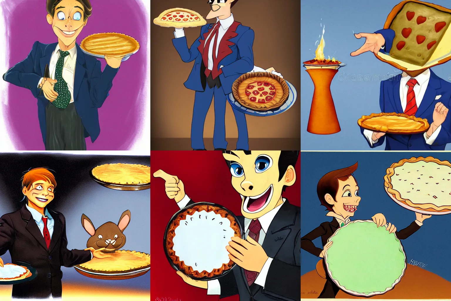 Prompt: portrait of a boy with big bunny teeth wearing an badly fitted dark business suit. Both his hands are cupped and he is holding a giant baked pie, concept art, smooth, sharp focus, illustration by Don Bluth