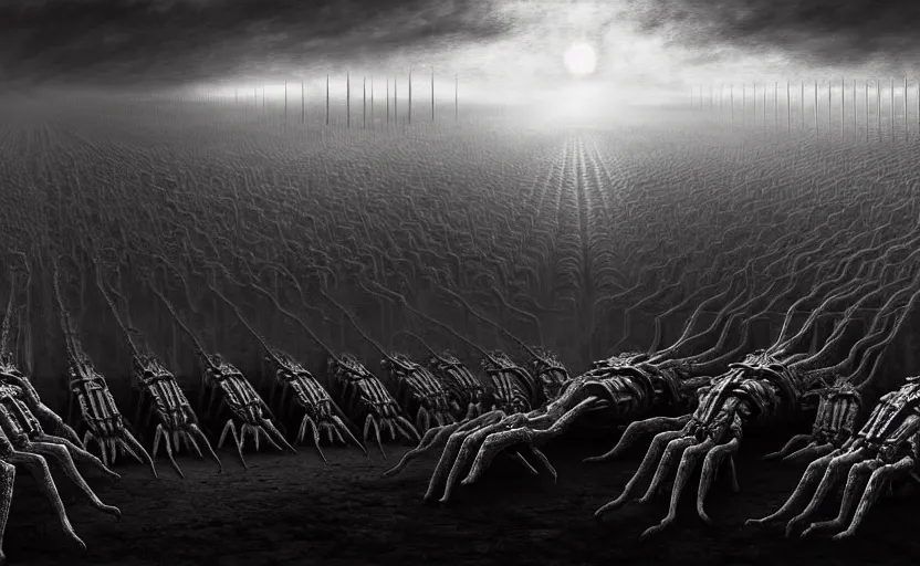 Prompt: cyborg army invading hell by hr giger and zdzisław beksinski, fine details, digital art, volumetric lighting, cinematic light, photorealistic