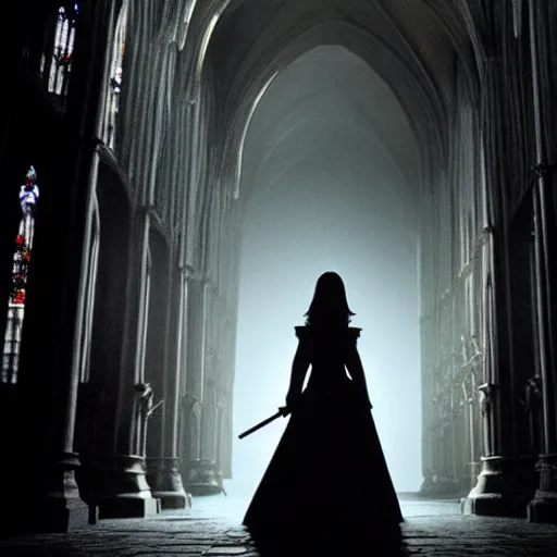 Image similar to jennifer connelly as a vampire in a gothic cathedral at night, gloomy, cinematic, ground mist, volumetric light.