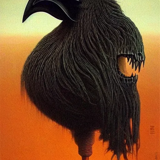 Prompt: big black rooster as a giant monster, creepy!!!, sharp teeth, gory, zdzisław beksinski, keith thompson, terrifying!!!