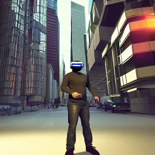 Image similar to Super hero wearing a virtual reality headset in big city, render, ray tracing