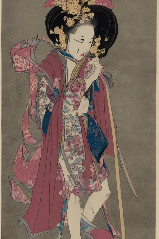 Prompt: full - bodied portrait, female changeling wearing rose - patterned eastern light armor, wielding a halberd with intricate decorations, sandals, barefoot, geisha mask, realistic proportions, reasonable fantasy, east asian fantasy.